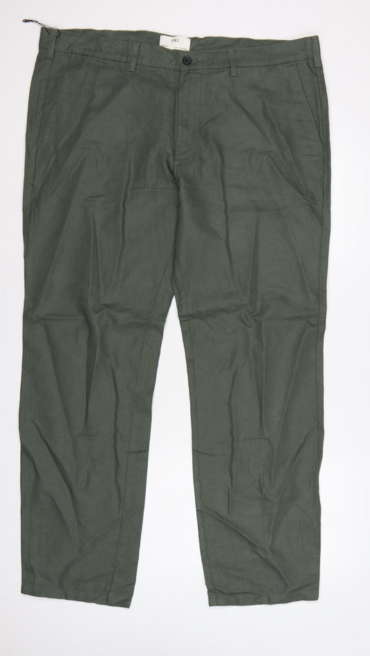 Marks and Spencer Men Green 42in 33in Linen Blend Chino Trousers
