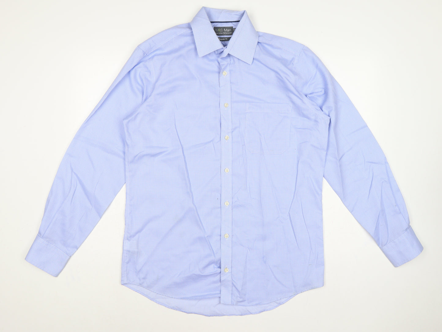 Marks and Spencer Men Blue 15.5 Regular Fit Cotton Gingham Dress Shirt