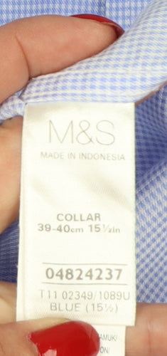 Marks and Spencer Men Blue 15.5 Regular Fit Cotton Gingham Dress Shirt