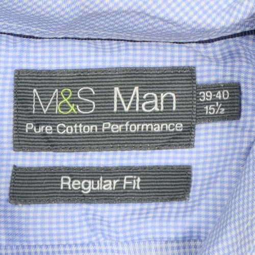 Marks and Spencer Men Blue 15.5 Regular Fit Cotton Gingham Dress Shirt