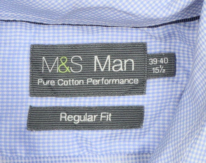 Marks and Spencer Men Blue 15.5 Regular Fit Cotton Gingham Dress Shirt