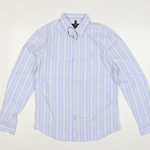 Marks & Spencer Men Blue S Striped Button-Down Cotton Shirt