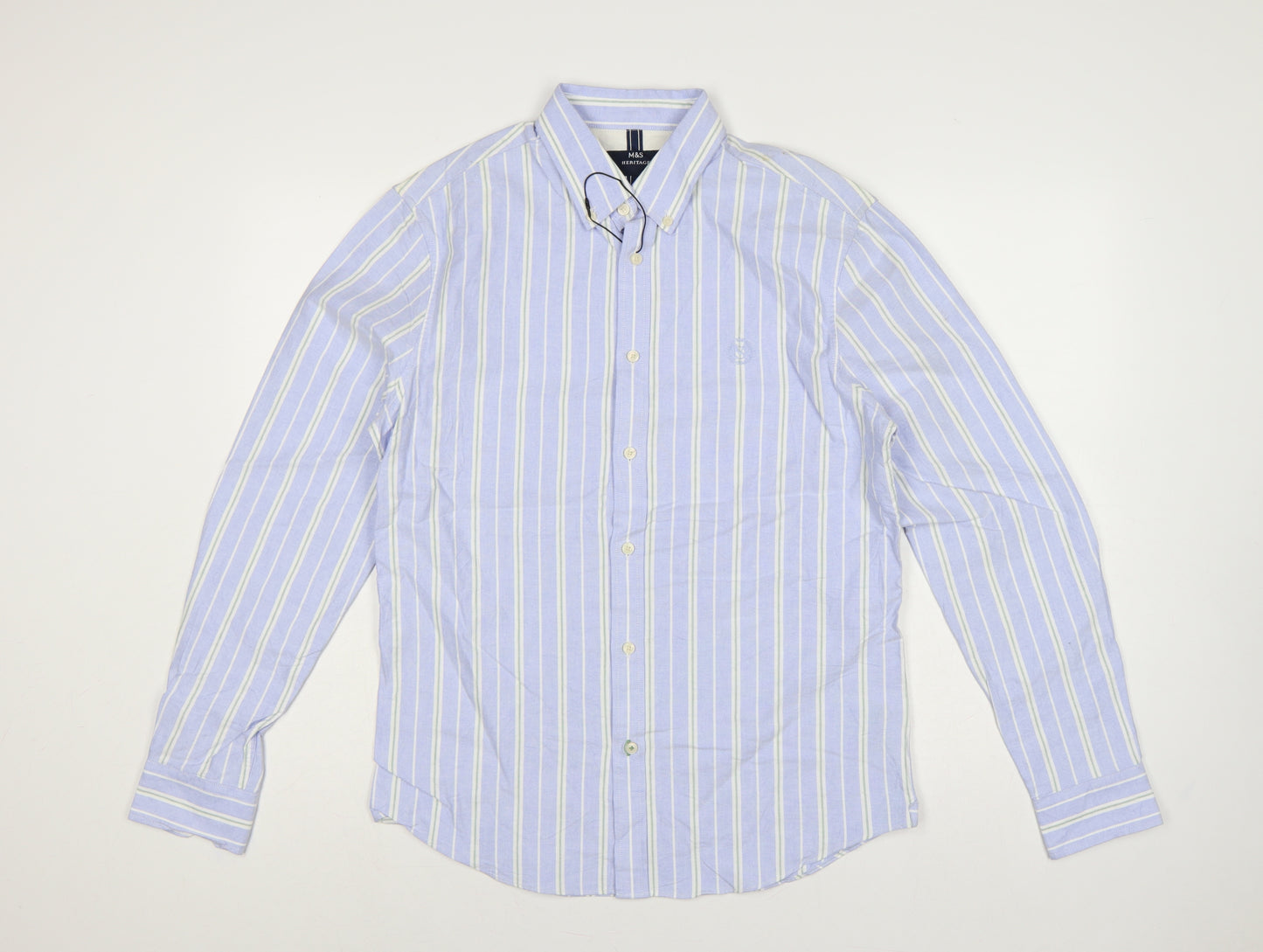 Marks & Spencer Men Blue S Striped Button-Down Cotton Shirt