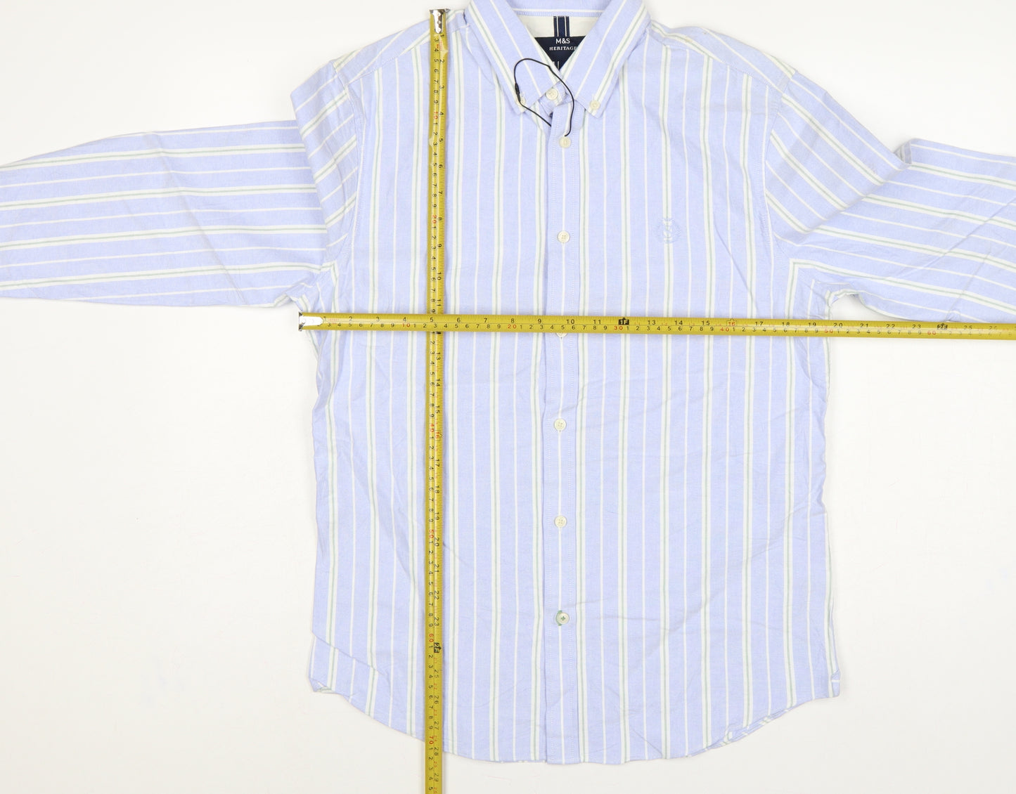 Marks & Spencer Men Blue S Striped Button-Down Cotton Shirt