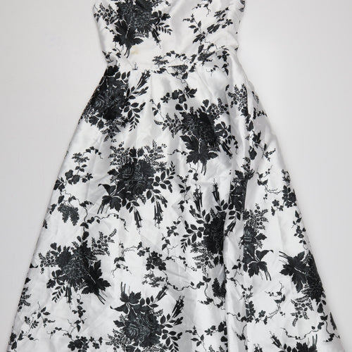 Coast Women White Black Floral UK 10 Fit & Flare Midi Twill Dress