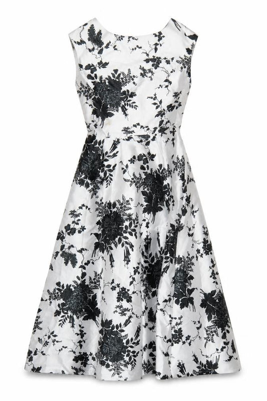 Front view of Coast Women White Black Floral UK 10 Fit & Flare Midi Twill Dress