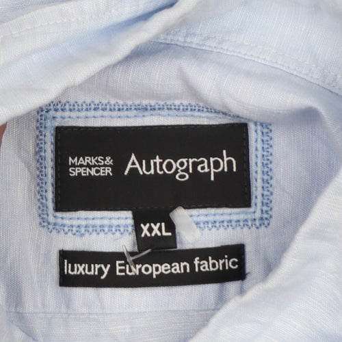 Marks and Spencer Autograph Men Blue 2XL Linen Cotton Short Sleeve Shirt