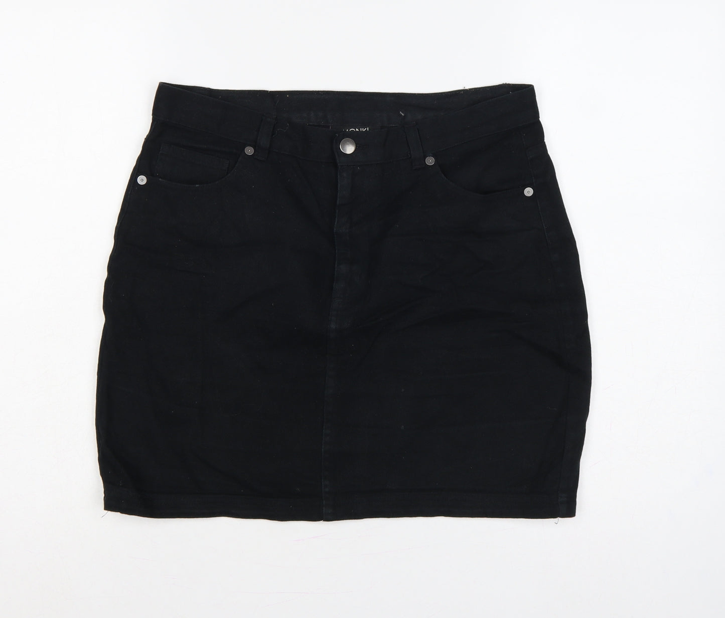 Monki Women Black UK 12 High Rise Denim Mini Pencil Skirt Pockets