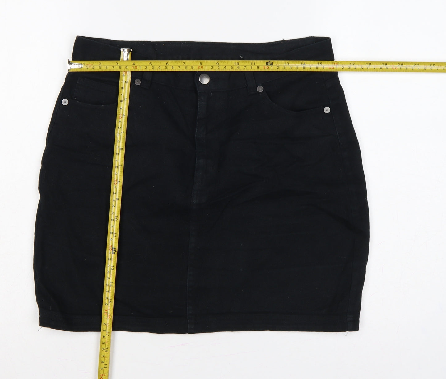 Monki Women Black UK 12 High Rise Denim Mini Pencil Skirt Pockets