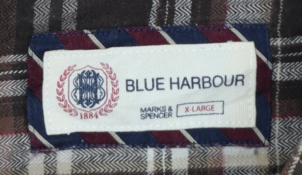 Marks & Spencer Men Brown XL Plaid Cotton Button-Down Long Sleeve Shirt