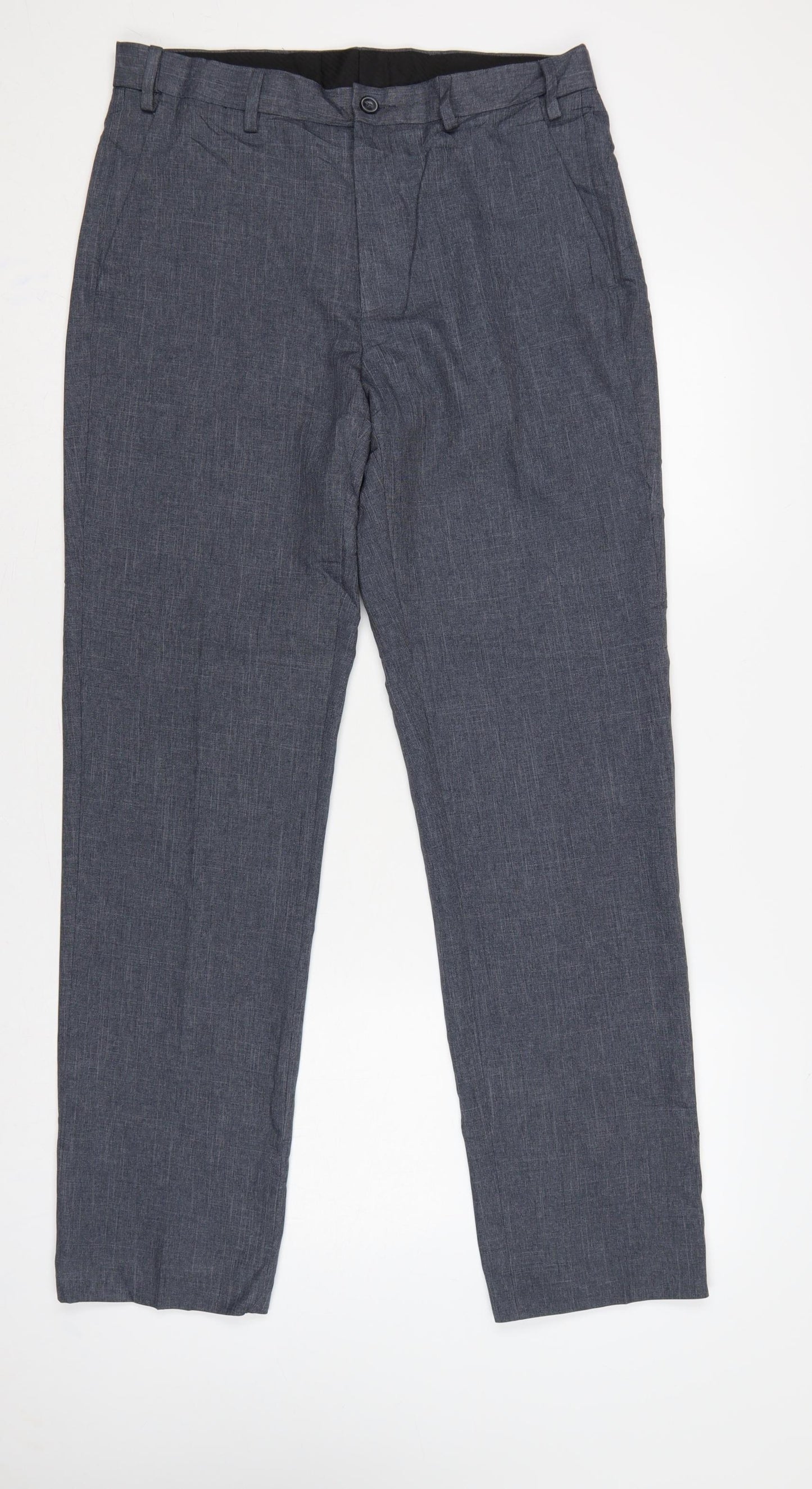 Marks & Spencer Men Blue 32 Regular Chambray Straight Dress Trousers
