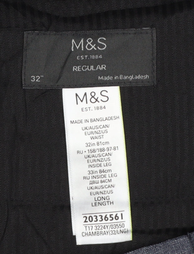 Marks & Spencer Men Blue 32 Regular Chambray Straight Dress Trousers