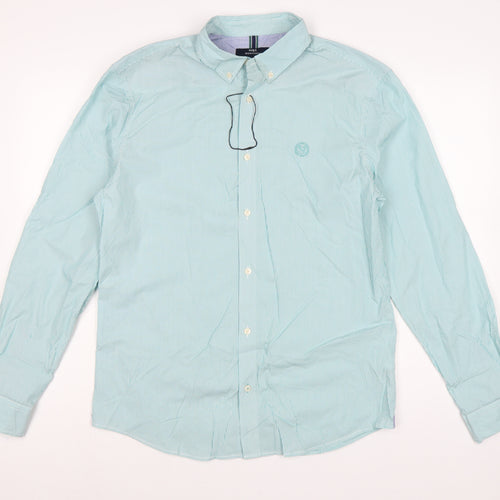 Marks & Spencer Men Green M Striped Button-Down Cotton Shirt