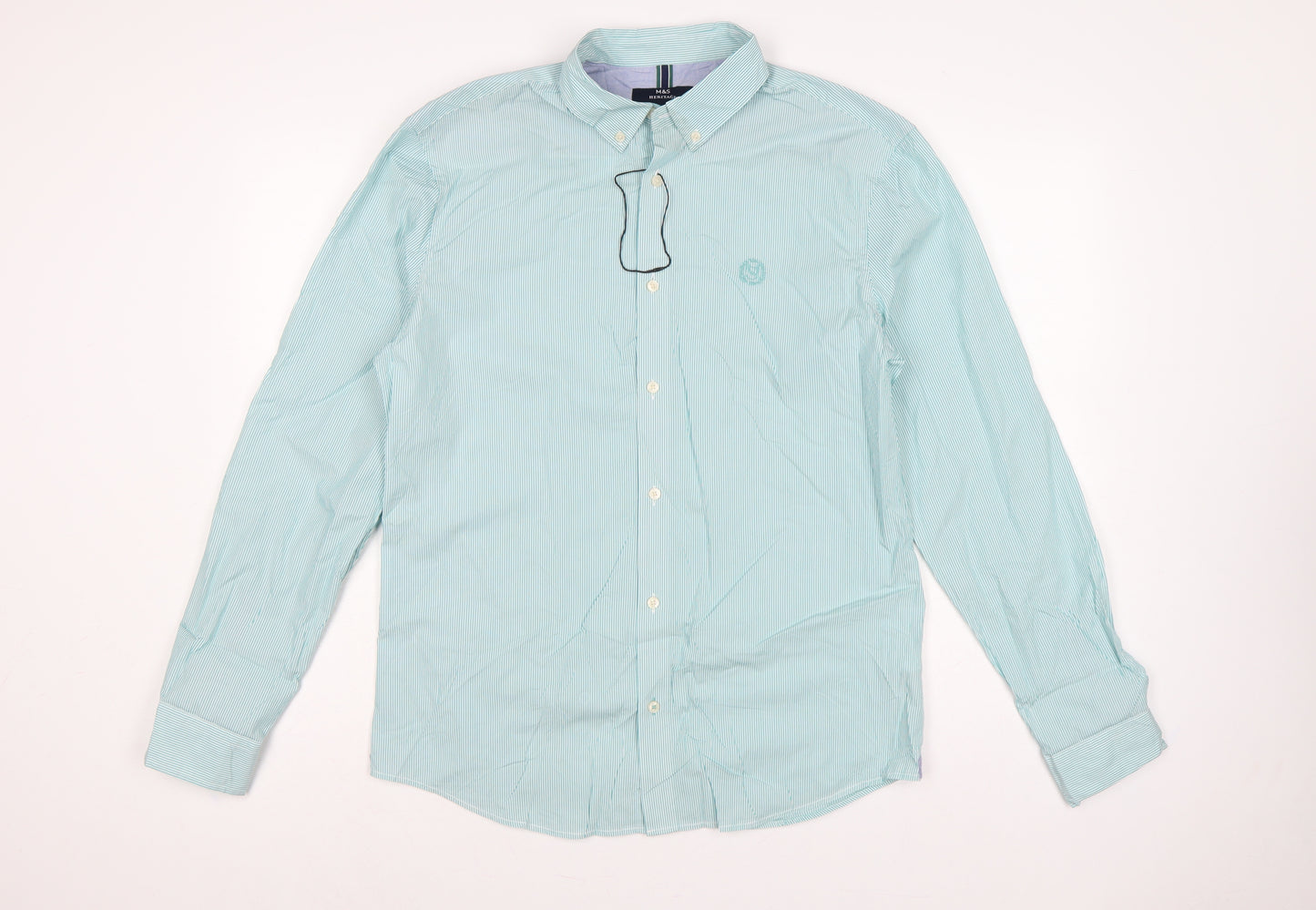 Marks & Spencer Men Green M Striped Button-Down Cotton Shirt
