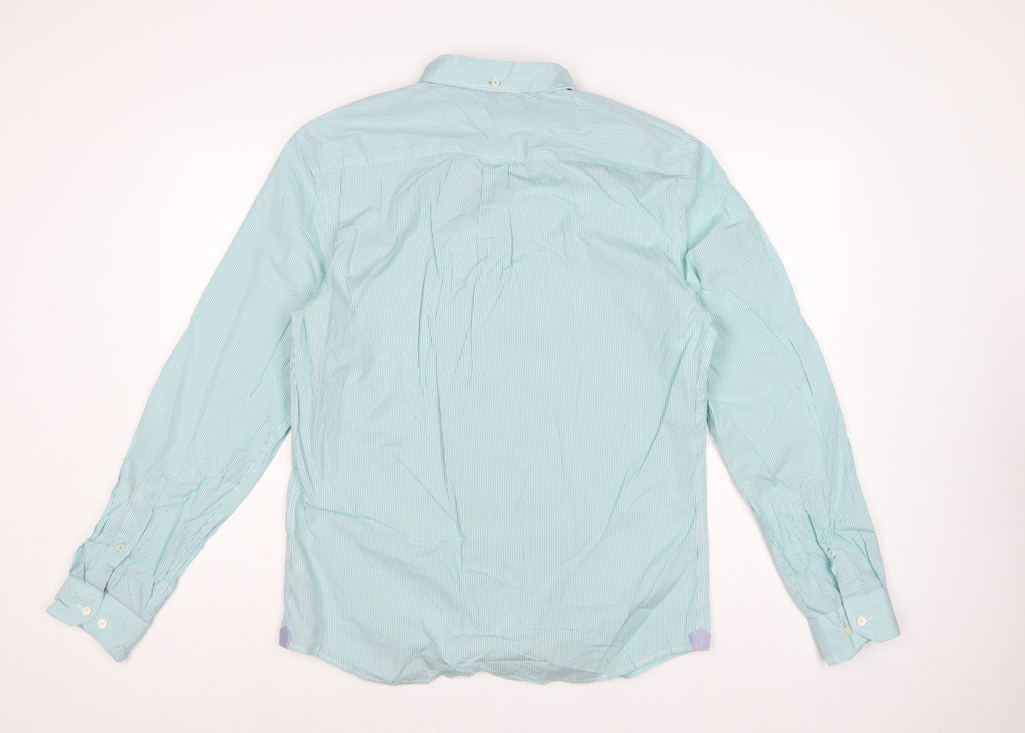 Marks & Spencer Men Green M Striped Button-Down Cotton Shirt