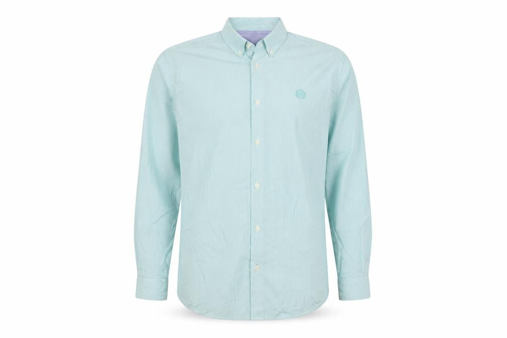 Front view of Marks & Spencer Men Green L Heritage Striped Button-Down Cotton Shirt