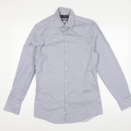M&S Men Blue Owl Print Slim Fit 14.5in Stretch Long Sleeve Shirt