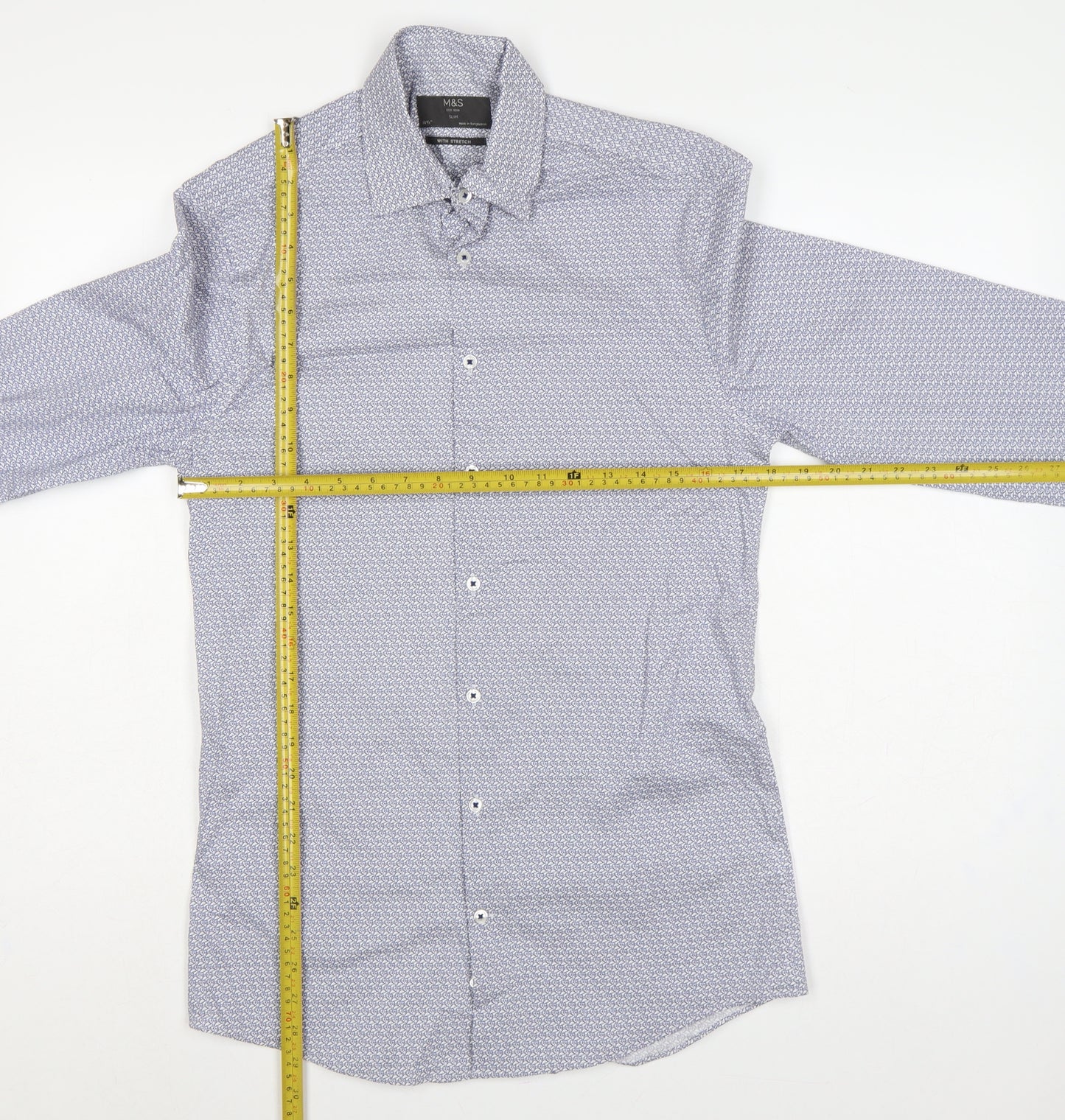 M&S Men Blue Owl Print Slim Fit 14.5in Stretch Long Sleeve Shirt
