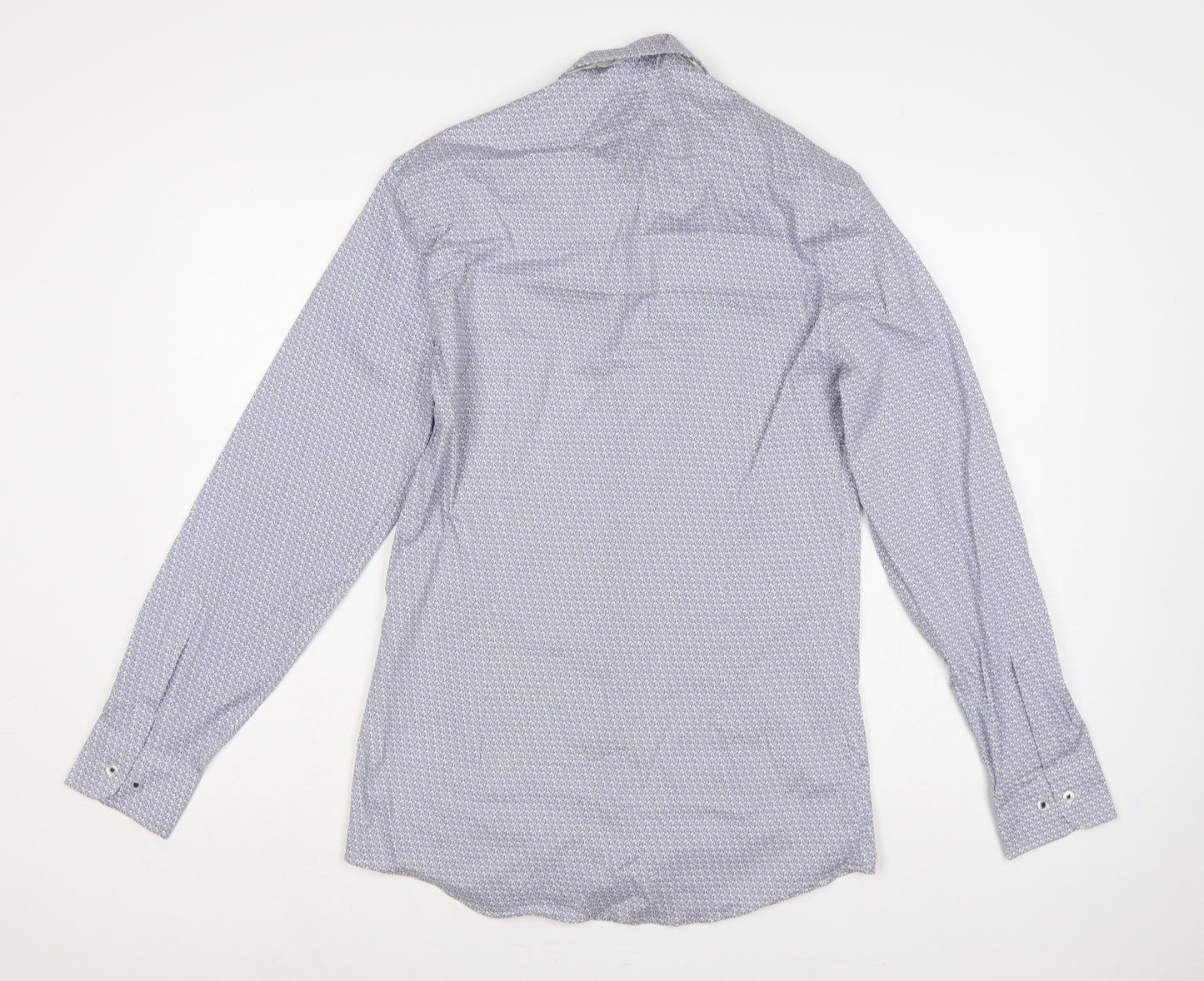 M&S Men Blue Owl Print Slim Fit 14.5in Stretch Long Sleeve Shirt