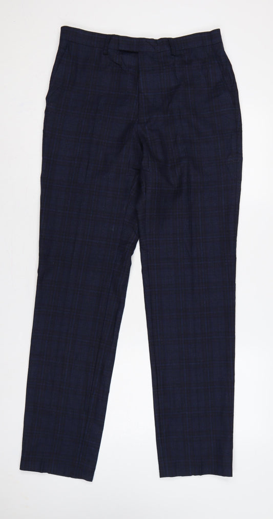 Marks and Spencer Men’s Blue 32 Linen Blend Plaid Dress Trousers
