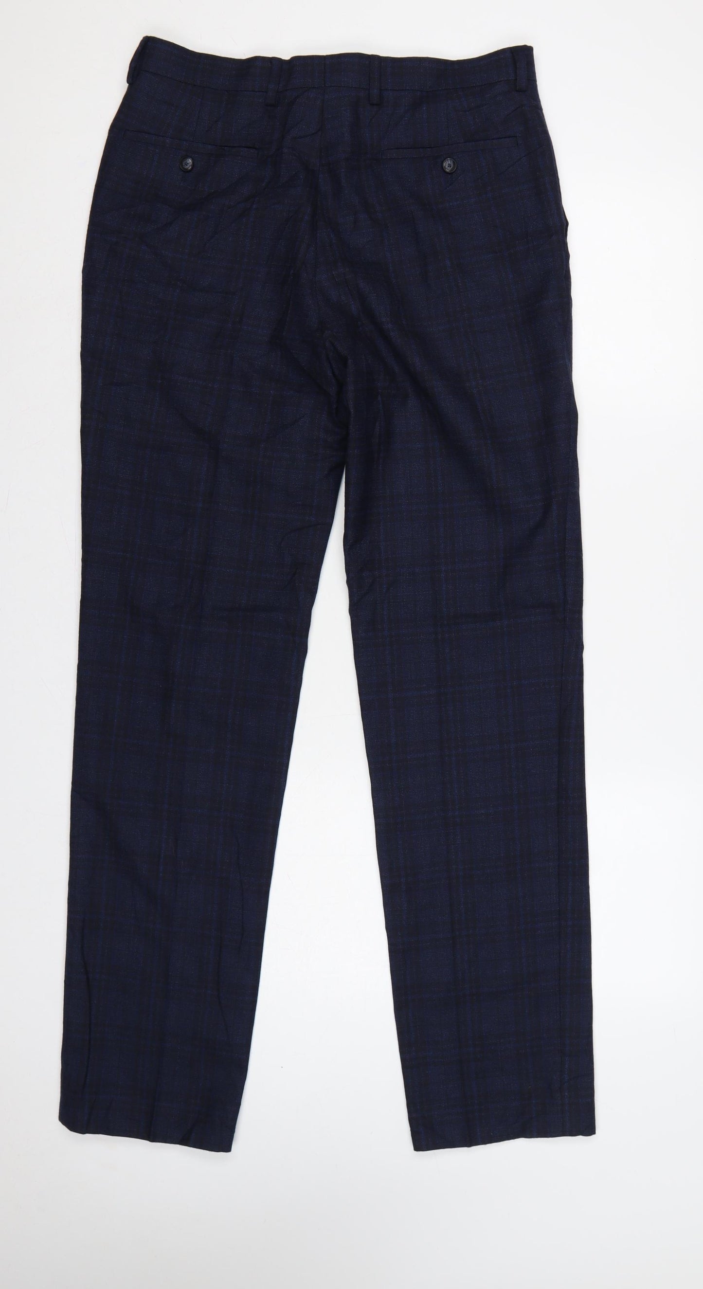 Marks and Spencer Men’s Blue 32 Linen Blend Plaid Dress Trousers