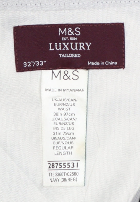 Marks and Spencer Men’s Blue 32 Linen Blend Plaid Dress Trousers
