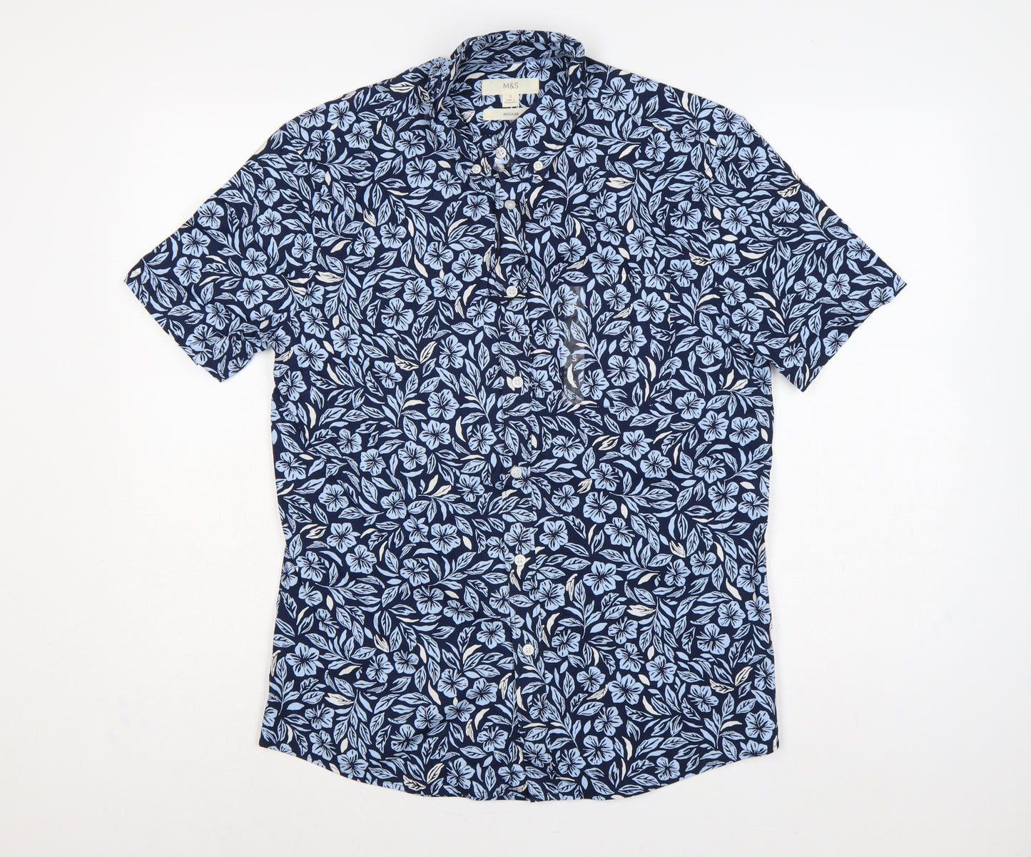 Marks & Spencer Men Blue Floral Hawaiian Cotton Shirt S Regular