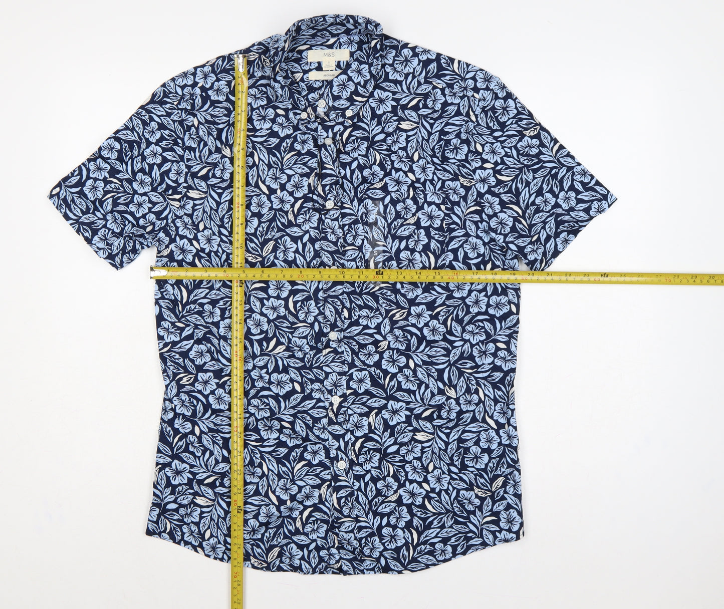 Marks & Spencer Men Blue Floral Hawaiian Cotton Shirt S Regular