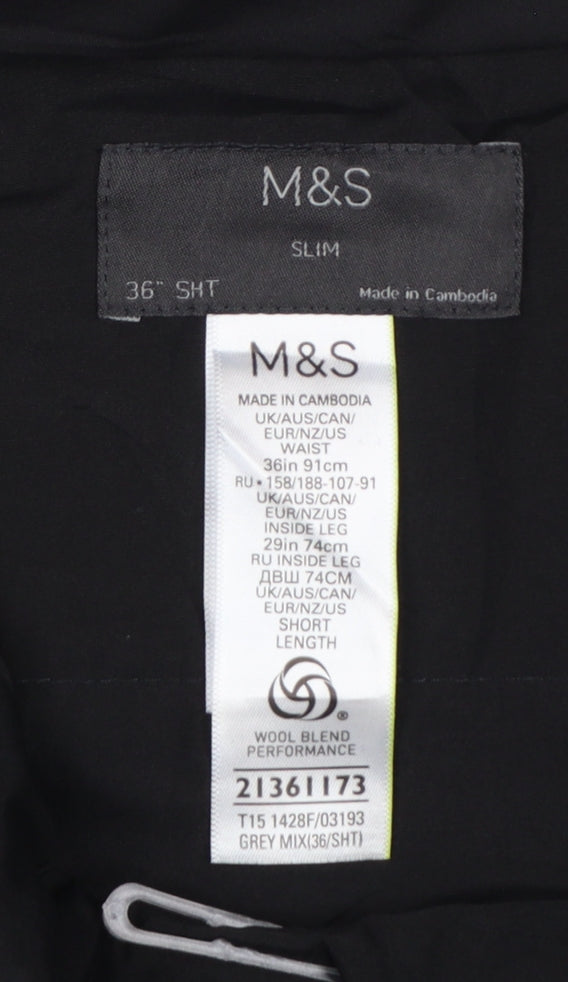 Marks & Spencer Men's Grey Check Slim 36 Short Wool Blend Dress Trousers