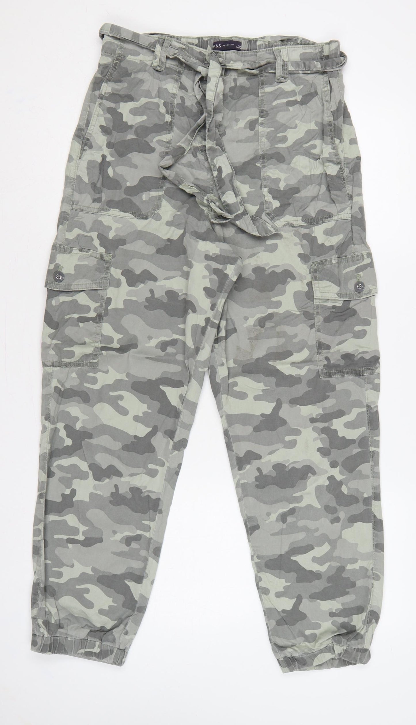 Marks and Spencer Women’s Grey Camo 10-12 Cargo Jogger Trousers Belted