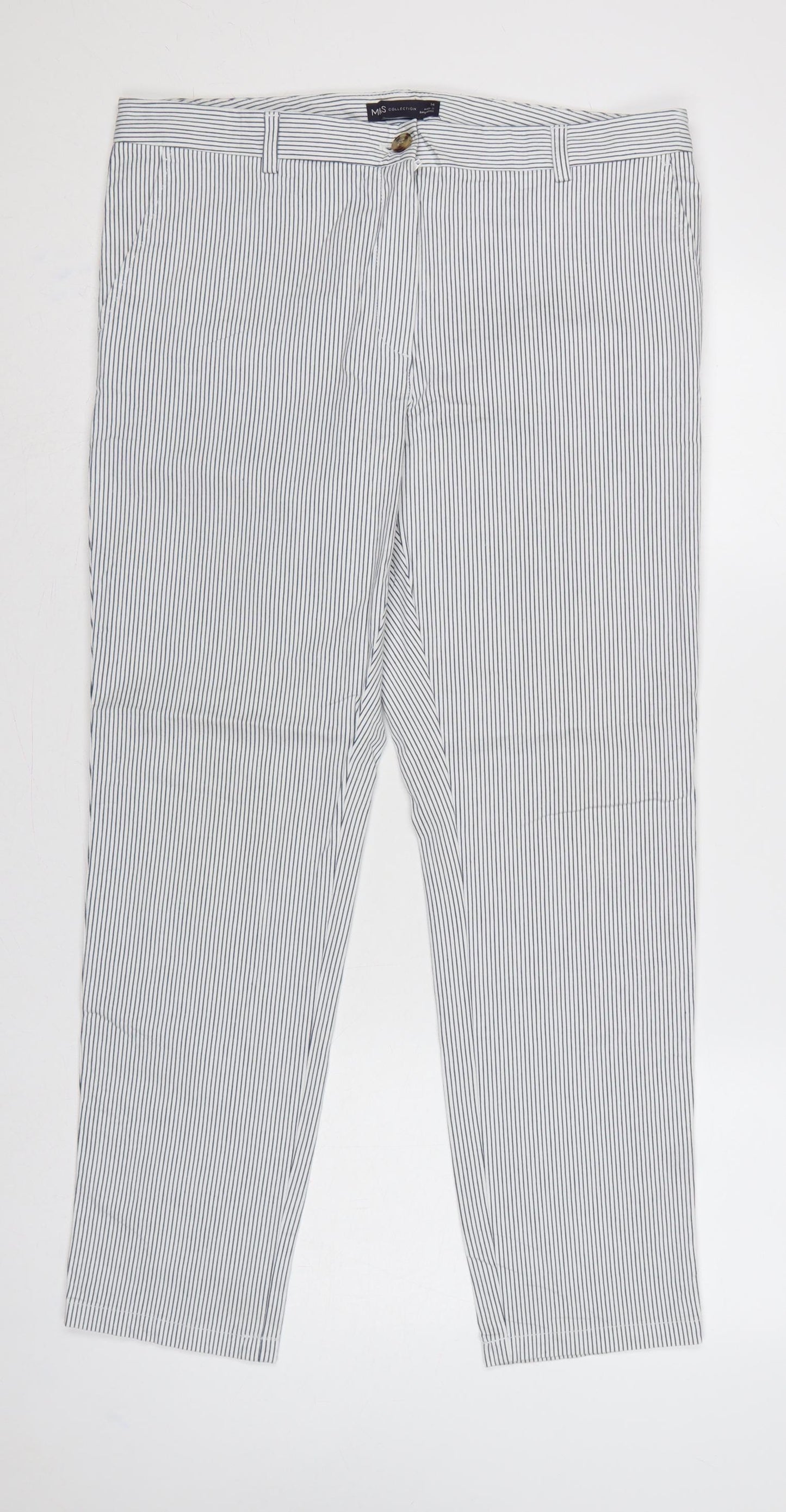 Marks & Spencer Women's White Blue Stripe UK 14 Regular Chino Trousers
