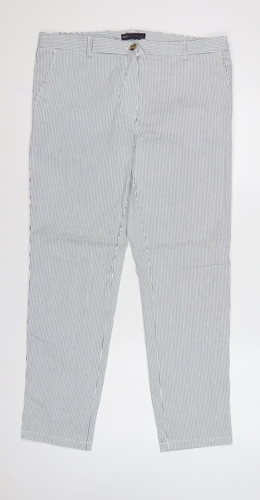 Marks & Spencer Women's White Blue Stripe UK 14 Regular Chino Trousers