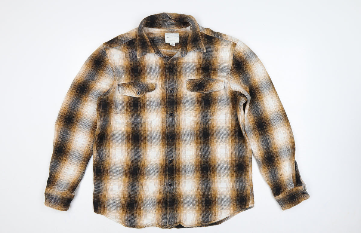 Back view of American Eagle Men’s L Brown Plaid Classic Fit Flannel Button-Up Shirt