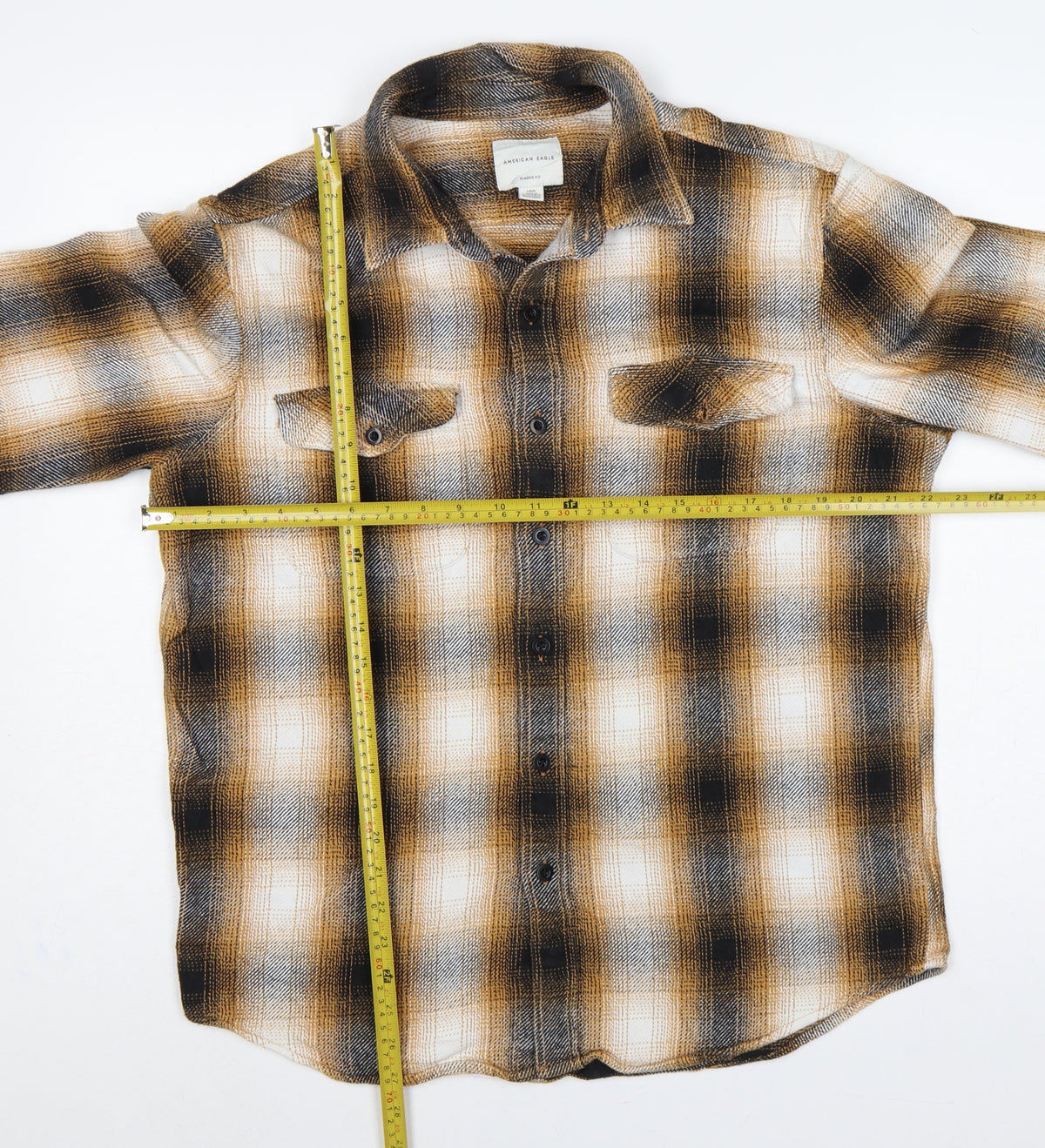 Close-up detail of American Eagle Men’s L Brown Plaid Classic Fit Flannel Button-Up Shirt