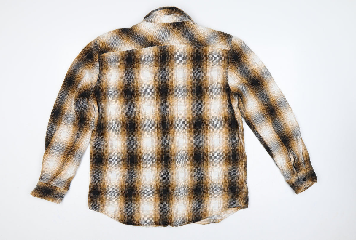 Brand and care label for American Eagle Men’s L Brown Plaid Classic Fit Flannel Button-Up Shirt