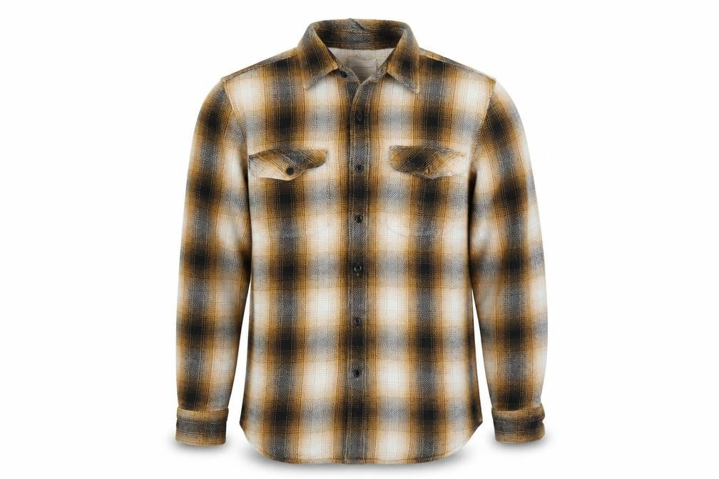 Front view of American Eagle Men’s L Brown Plaid Classic Fit Flannel Button-Up Shirt