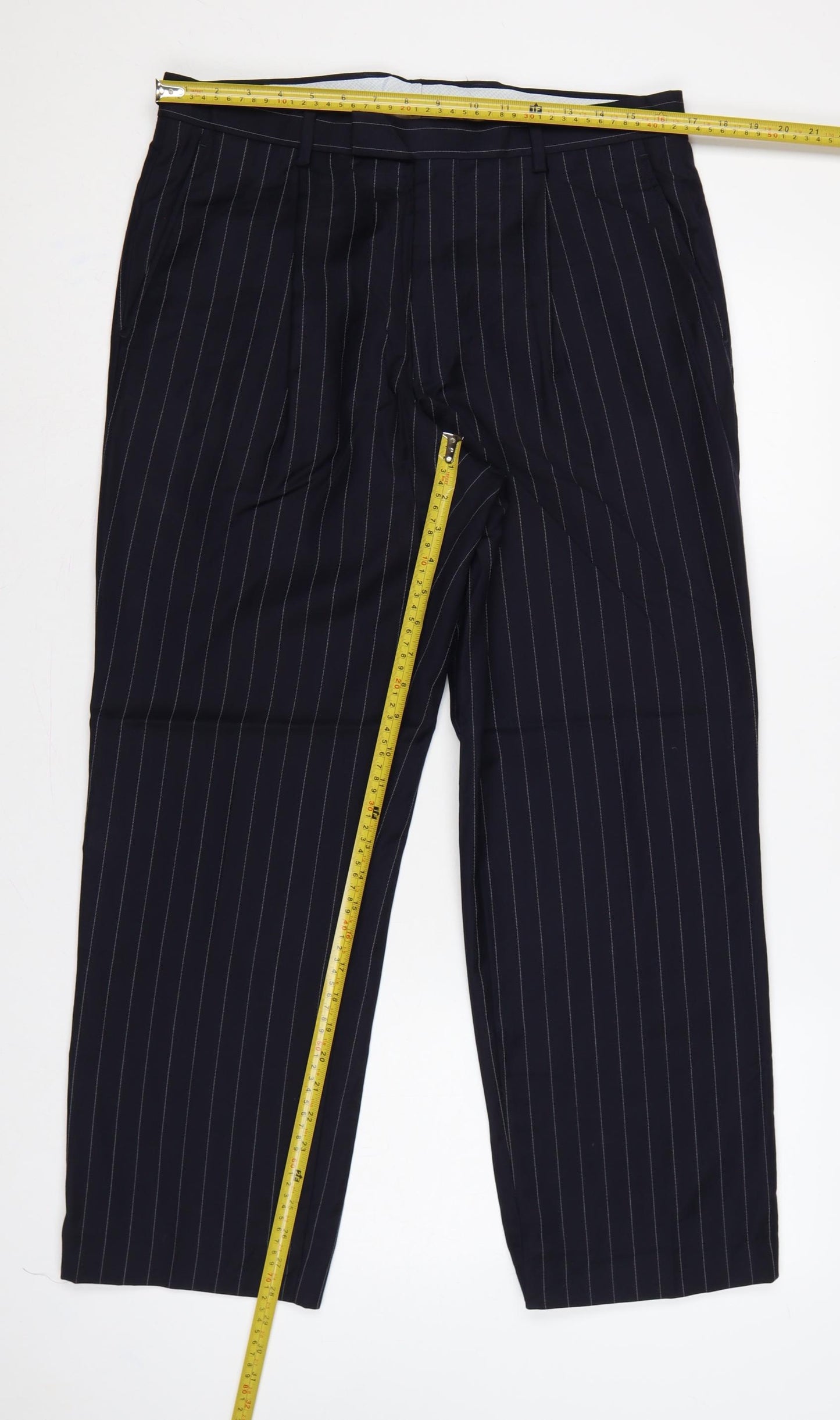 Marks & Spencer Men Blue Pinstripe Wool Dress Trousers 34 33