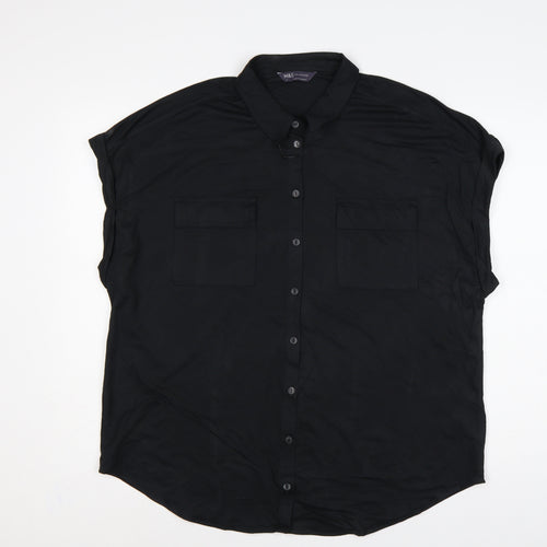Marks and Spencer Women Black UK 18 Collared Cap Sleeve Button-Up Blouse