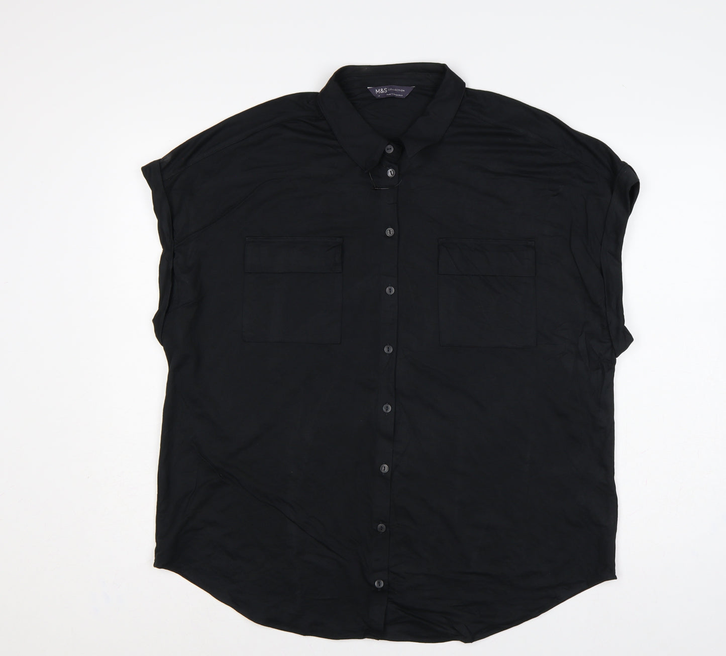Marks and Spencer Women Black UK 18 Collared Cap Sleeve Button-Up Blouse