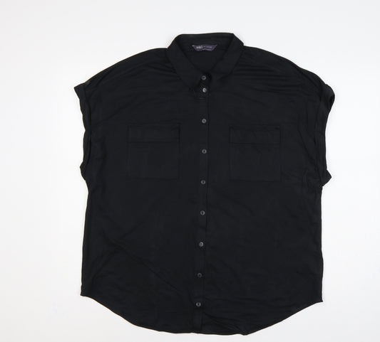 Marks and Spencer Women Black UK 18 Collared Cap Sleeve Button-Up Blouse