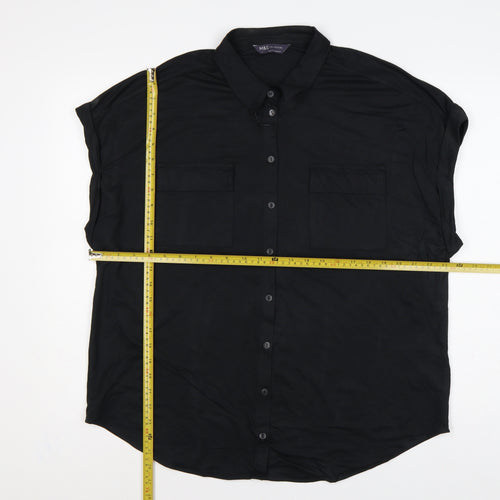 Marks and Spencer Women Black UK 18 Collared Cap Sleeve Button-Up Blouse