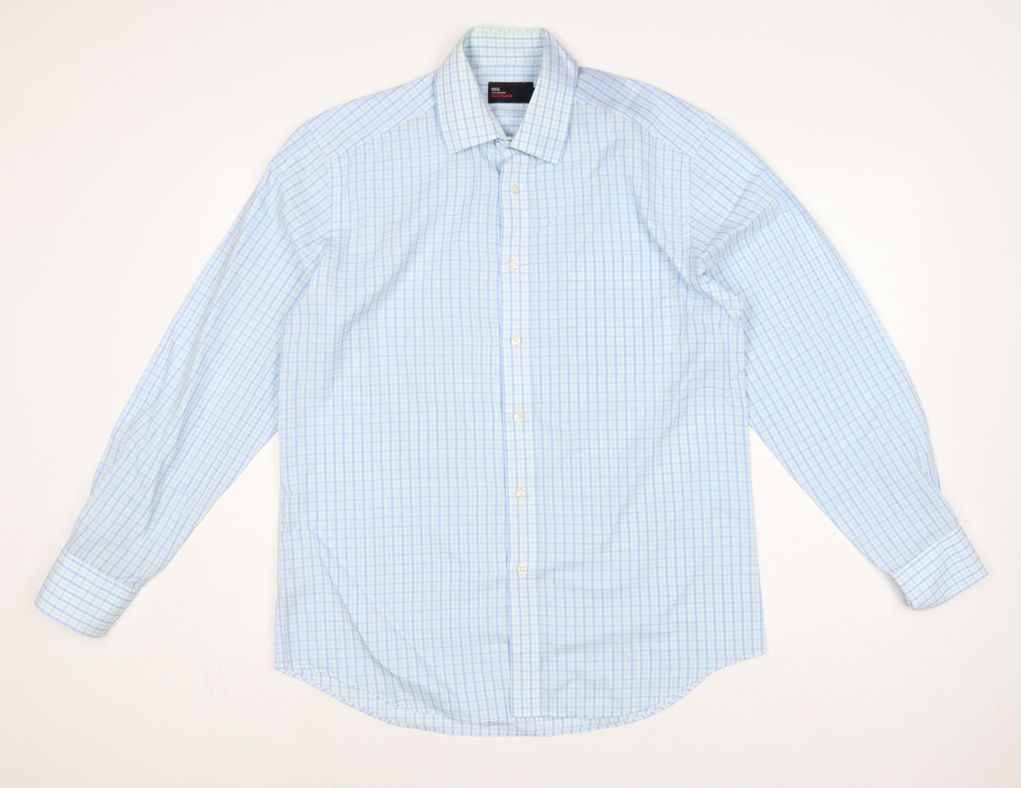 Marks & Spencer Men Blue Check 15.5in Easycare Long Sleeve Shirt