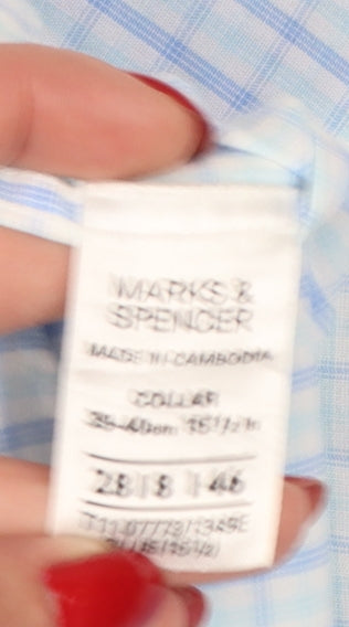 Marks & Spencer Men Blue Check 15.5in Easycare Long Sleeve Shirt