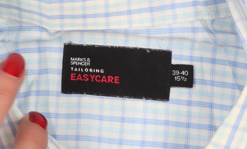 Marks & Spencer Men Blue Check 15.5in Easycare Long Sleeve Shirt
