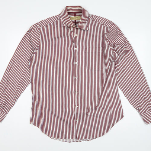 M&S Men’s Red White Striped Cotton Button-Up Shirt 15.5 Collar