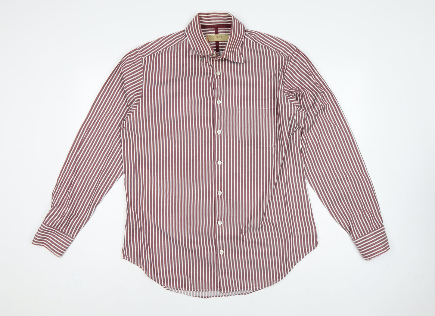 M&S Men’s Red White Striped Cotton Button-Up Shirt 15.5 Collar