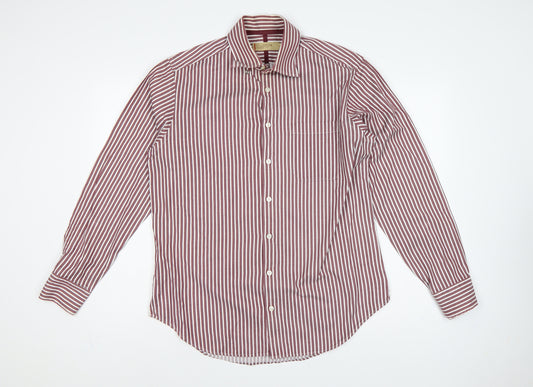Front view of Marks & Spencer Men’s Red White Striped Cotton Button-Up Shirt 15.5 Collar