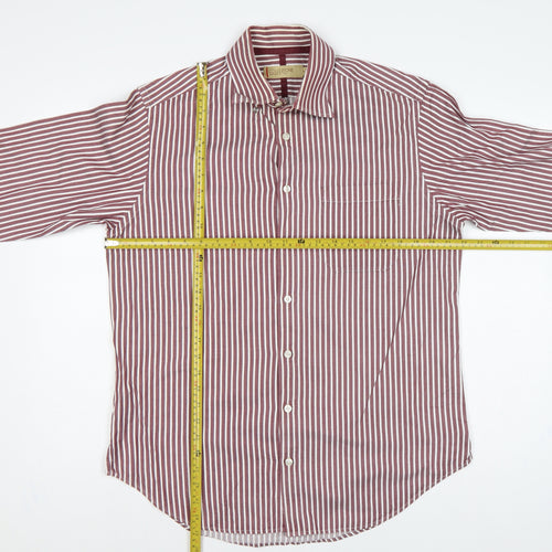 M&S Men’s Red White Striped Cotton Button-Up Shirt 15.5 Collar