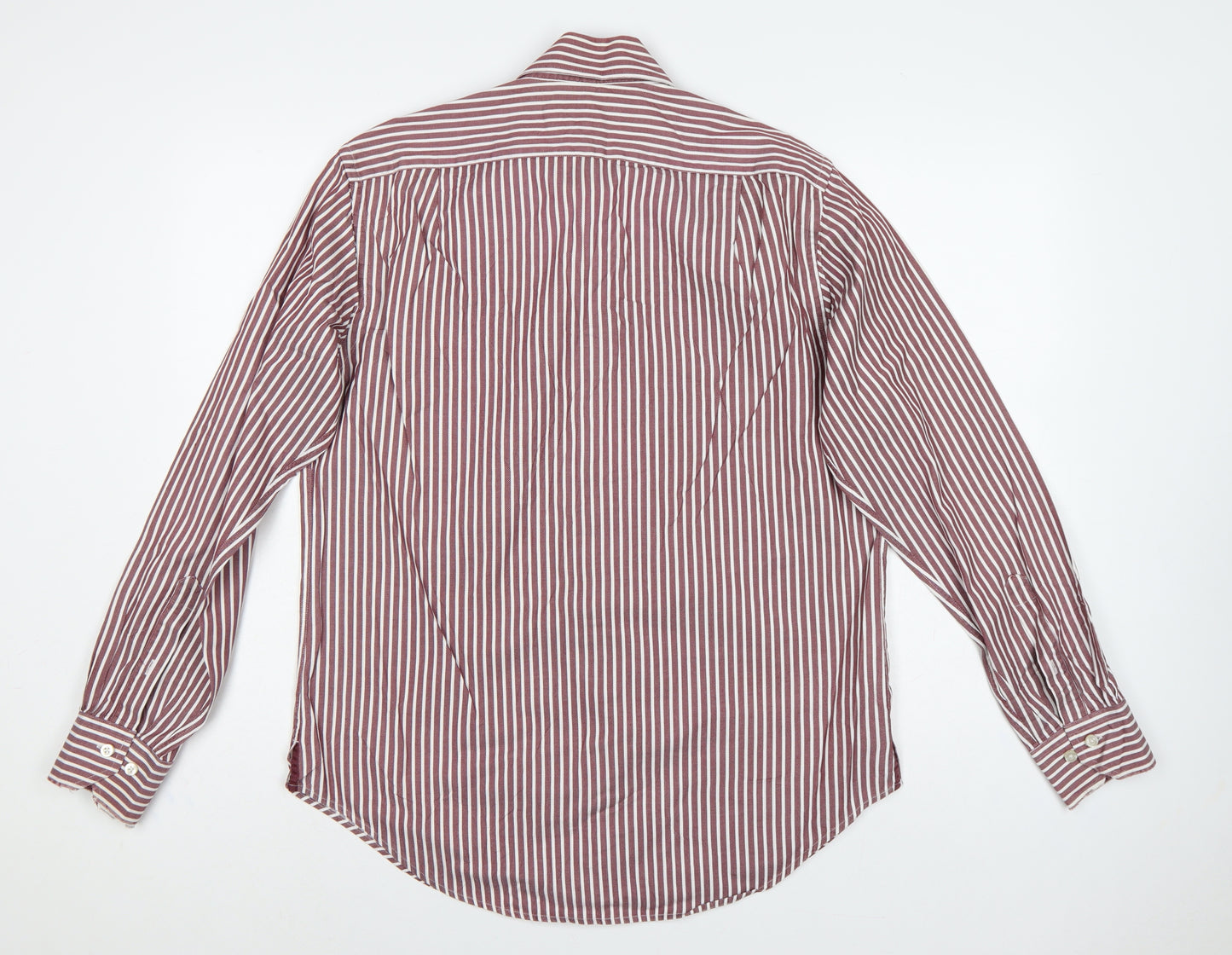 M&S Men’s Red White Striped Cotton Button-Up Shirt 15.5 Collar