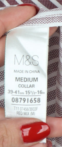 M&S Men’s Red White Striped Cotton Button-Up Shirt 15.5 Collar